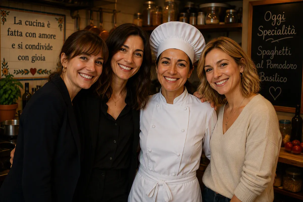 Quattro donne sorridenti in cucina, una con divisa bianca e cappello da chef.