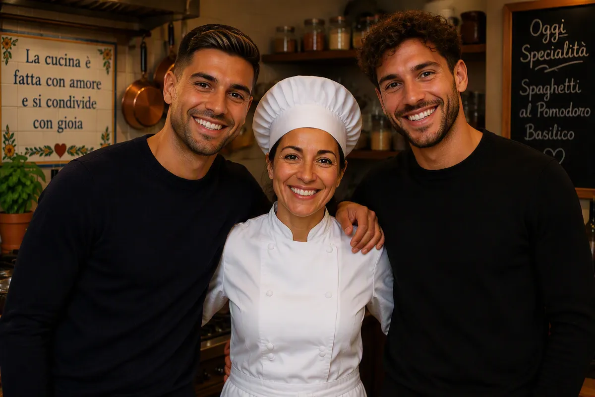 Cuoca in divisa bianca tra due uomini sorridenti nella cucina del ristorante.