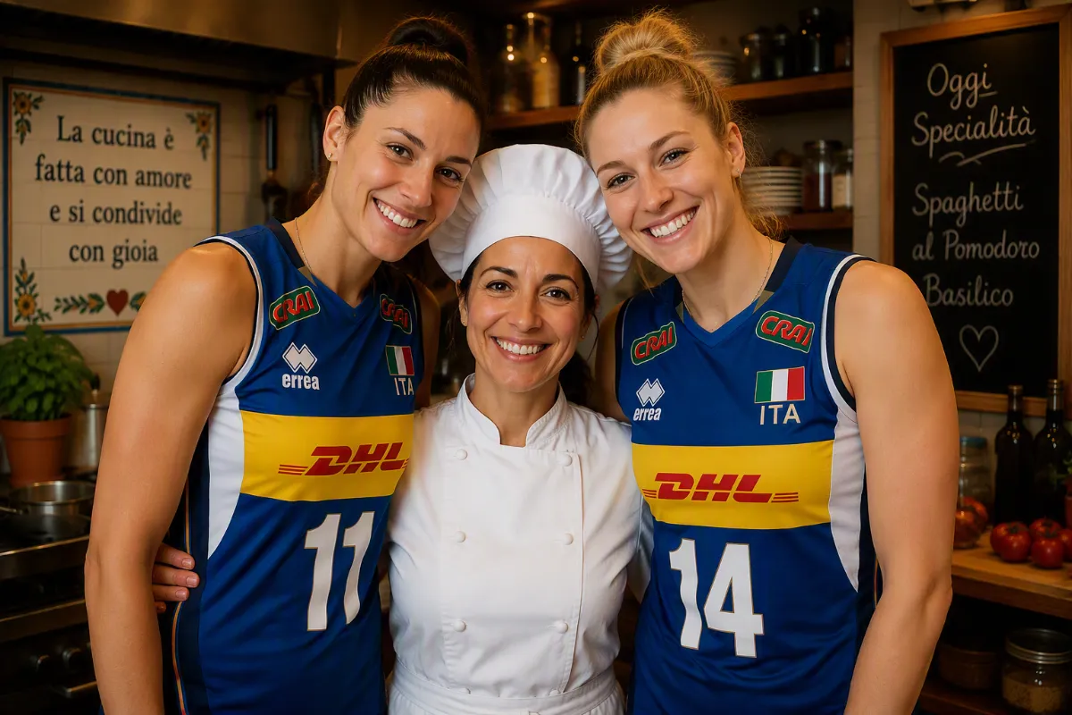 Cuoca sorridente in cucina tra due donne con divise sportive azzurre dell’Italia.