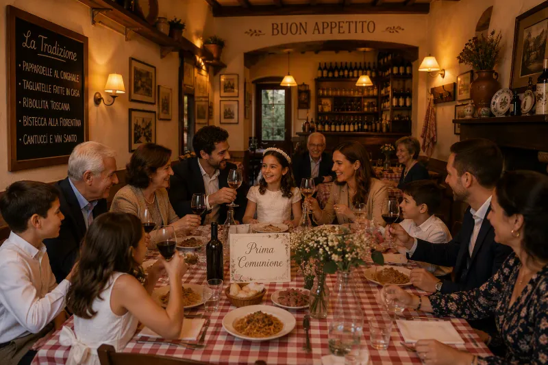 Famiglia riunita per una prima comunione a tavola, in un ristorante dall'atmosfera rustica.