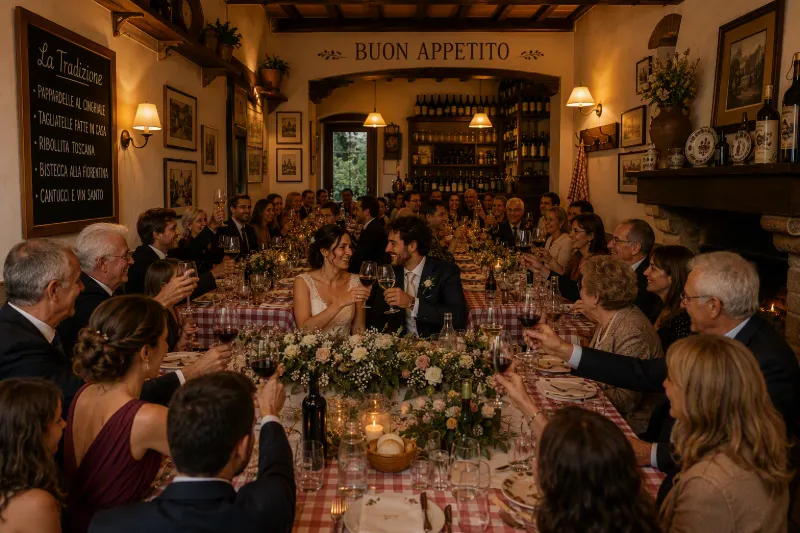 Sposi e invitati brindano a una lunga tavolata decorata con fiori in un ristorante rustico.