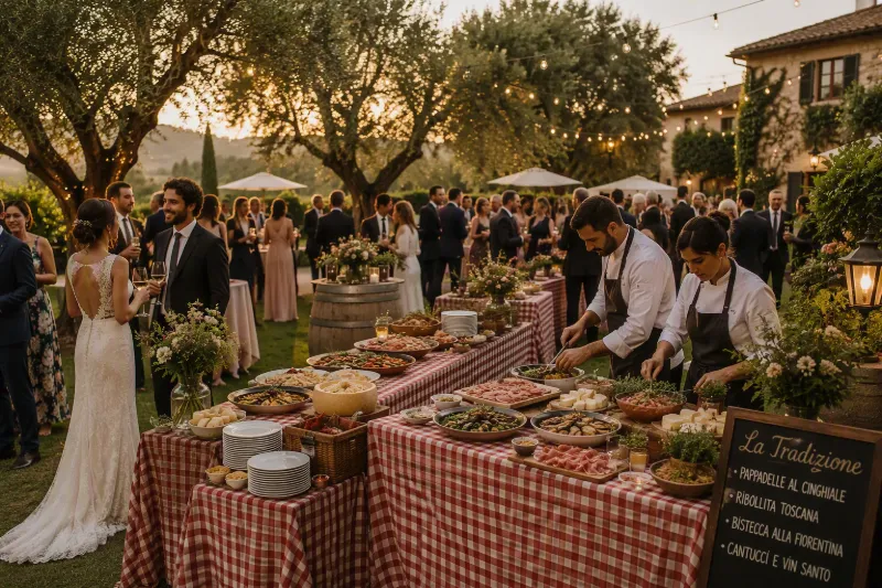 Buffet all’aperto con cuochi al lavoro, tavoli imbanditi e invitati eleganti tra alberi e lucine.